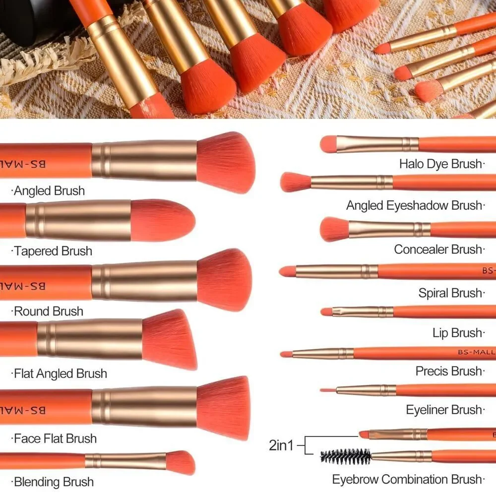 Bs-Mall 14 Pieces Orange Makeup Brush Set Luxury Cosmetic Brush Kit With Case